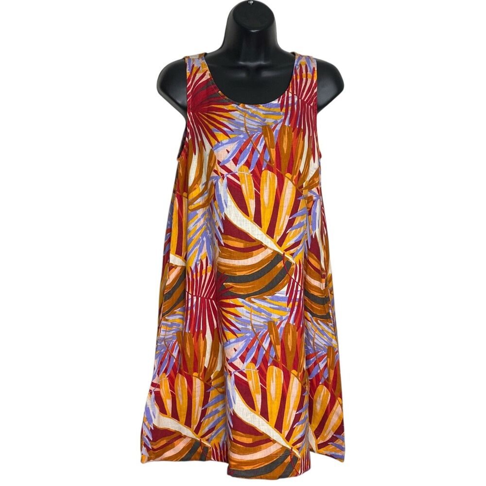 C&C California Dress Womens XS Linen Tropical Sleeveless Shift Mini Pockets NEW